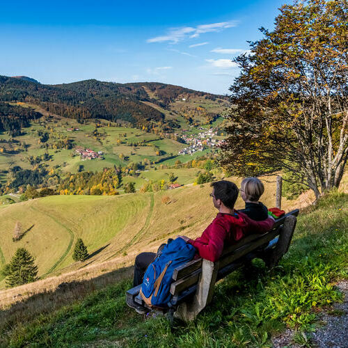 Ein Wanderpaar genie�t sitzend auf einer Bank die Aussicht vom Wiedener Panoramaweg auf das Wiedener Tal. 