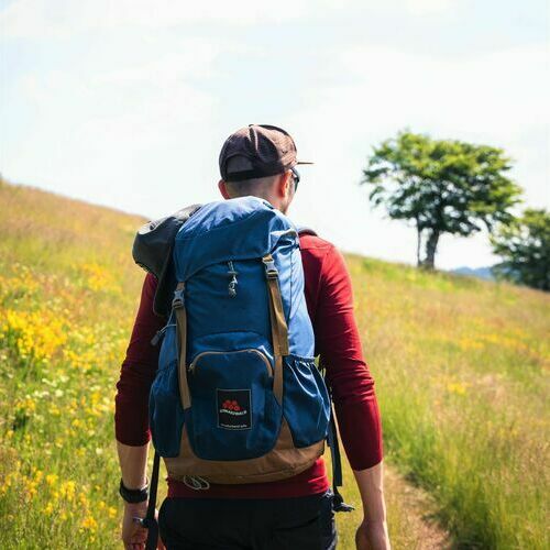 Wanderer auf bl&uuml;hender Wiese mit Wanderrucksack