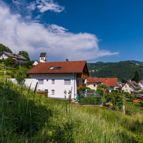 Blick auf das Haus von der Seite im Vordergrund eine gr&uuml;ne Wiese - 