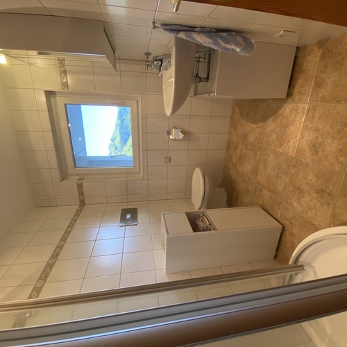 Badezimmer mit Dusche, WC, Waschbecken und toller Aussicht - 