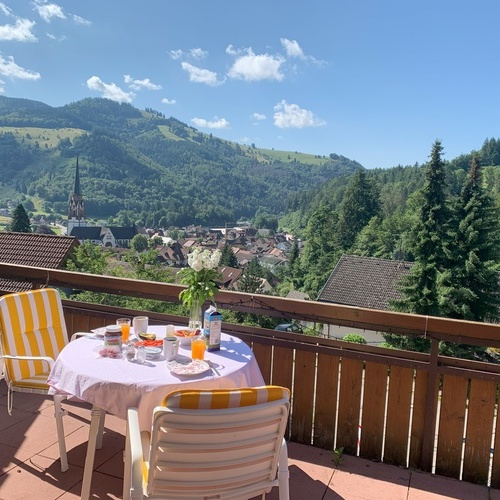 Blick vom Fr&uuml;hst&uuml;ckstisch auf dem Balkon auf Sch&ouml;nau und die umliegenden W&auml;lder  - 