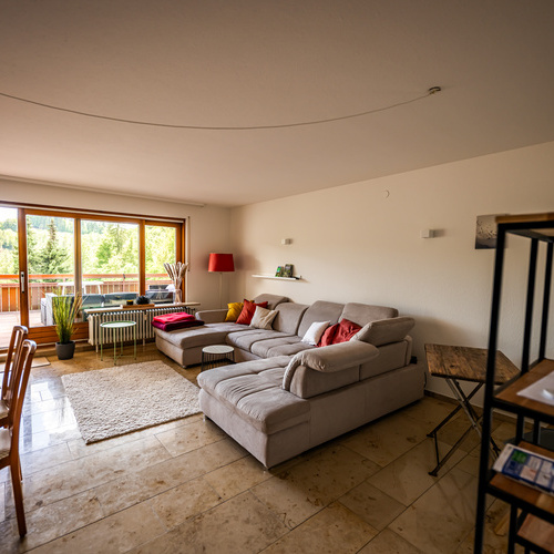 Wohnzimmer mit Sofaecke und Blick auf den Balkon  - 