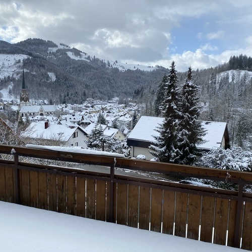 Blick vom Balkon auf die verschneite Landschaft und Sch&ouml;nau  - 